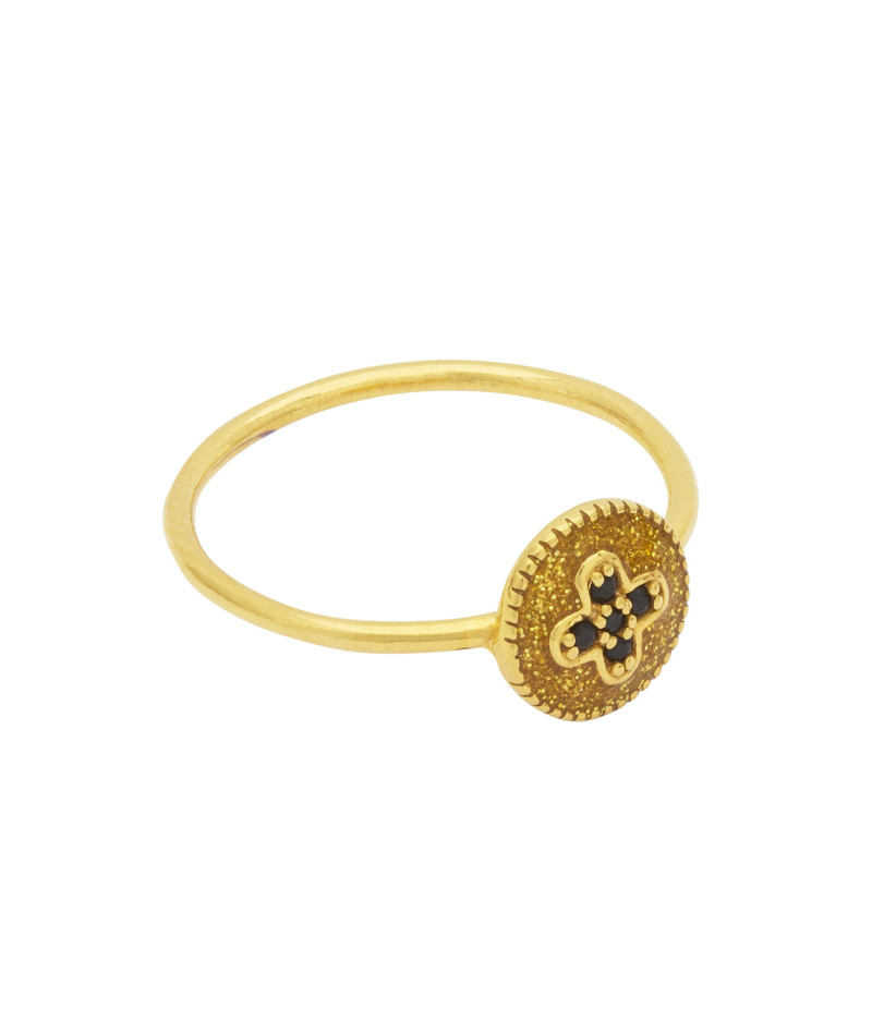Bague Luz Medaille Croix Email Gold Zircon Noir