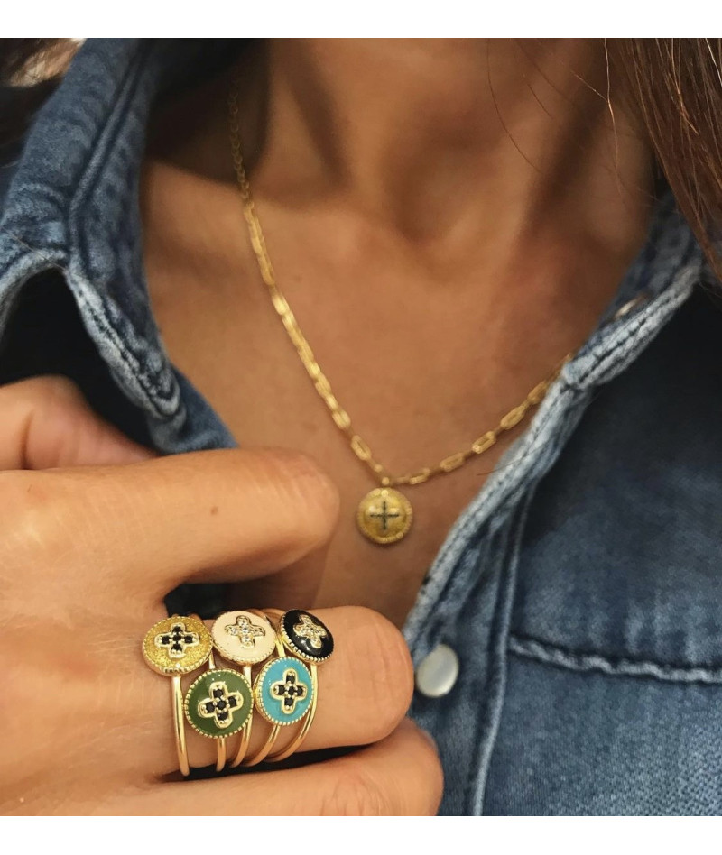 Bague Luz Medaille Croix Email Gold Zircon Noir
