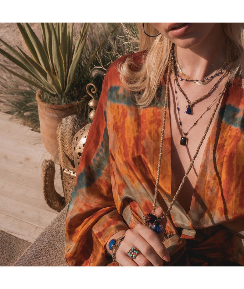 Sautoir Mala Pompon Kaki