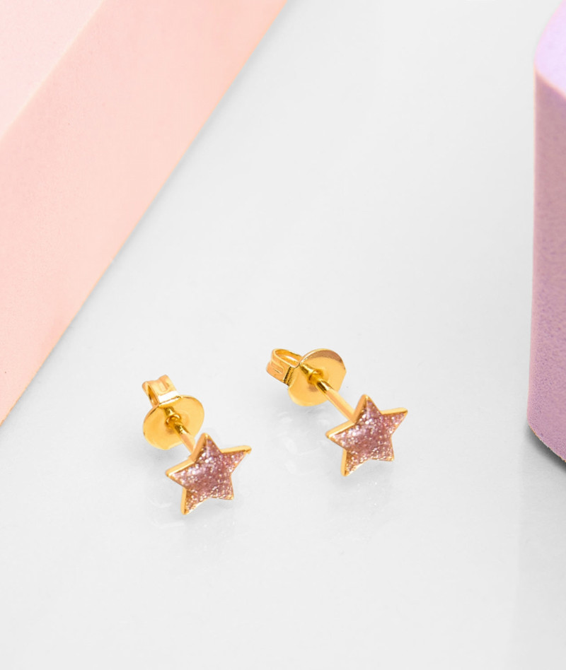 Puces d'oreilles etoile paillette rose